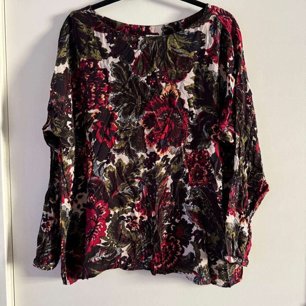 J. Jill Floral Top Green Red Boat Neck Pullover Long Sleeve Sz XL Women's